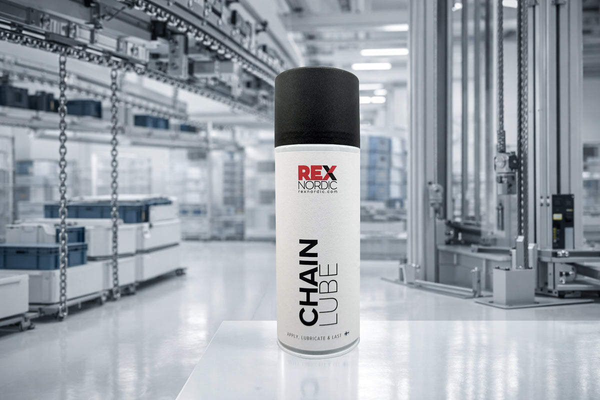 REX ChainLube with hoist chains in a warehouse