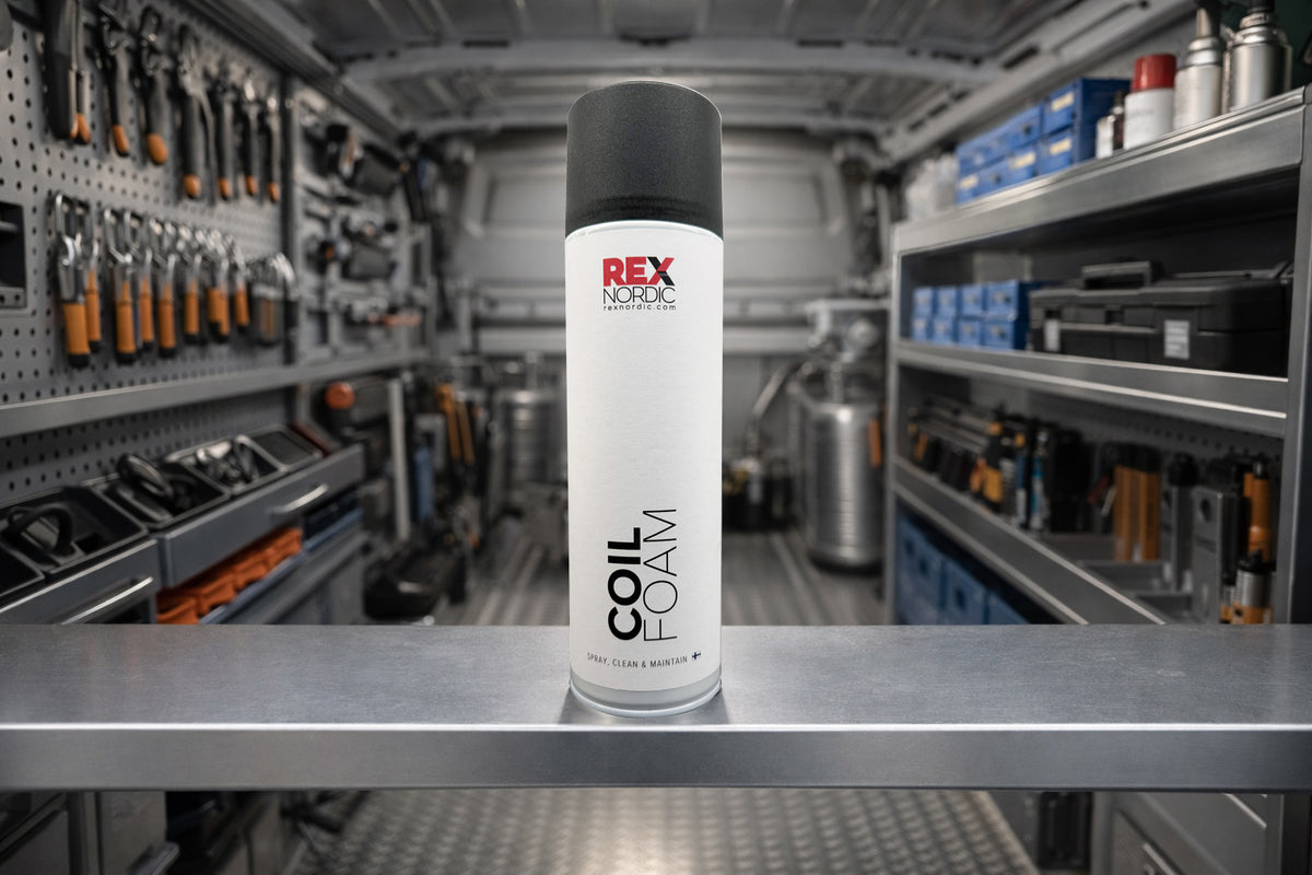 REX CoilFoam coil cleaner inside a service van