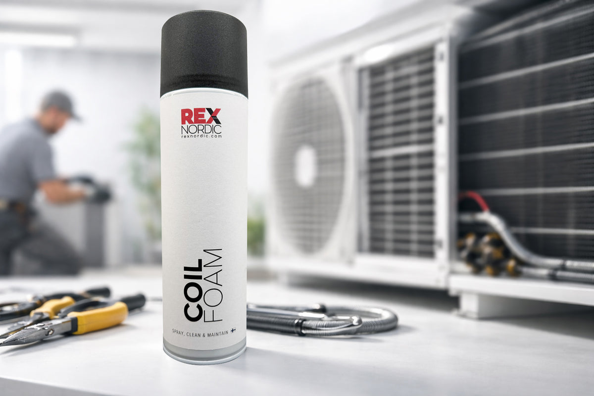 REX CoilFoam coil cleaner next to an air-conditioning outdoor unit
