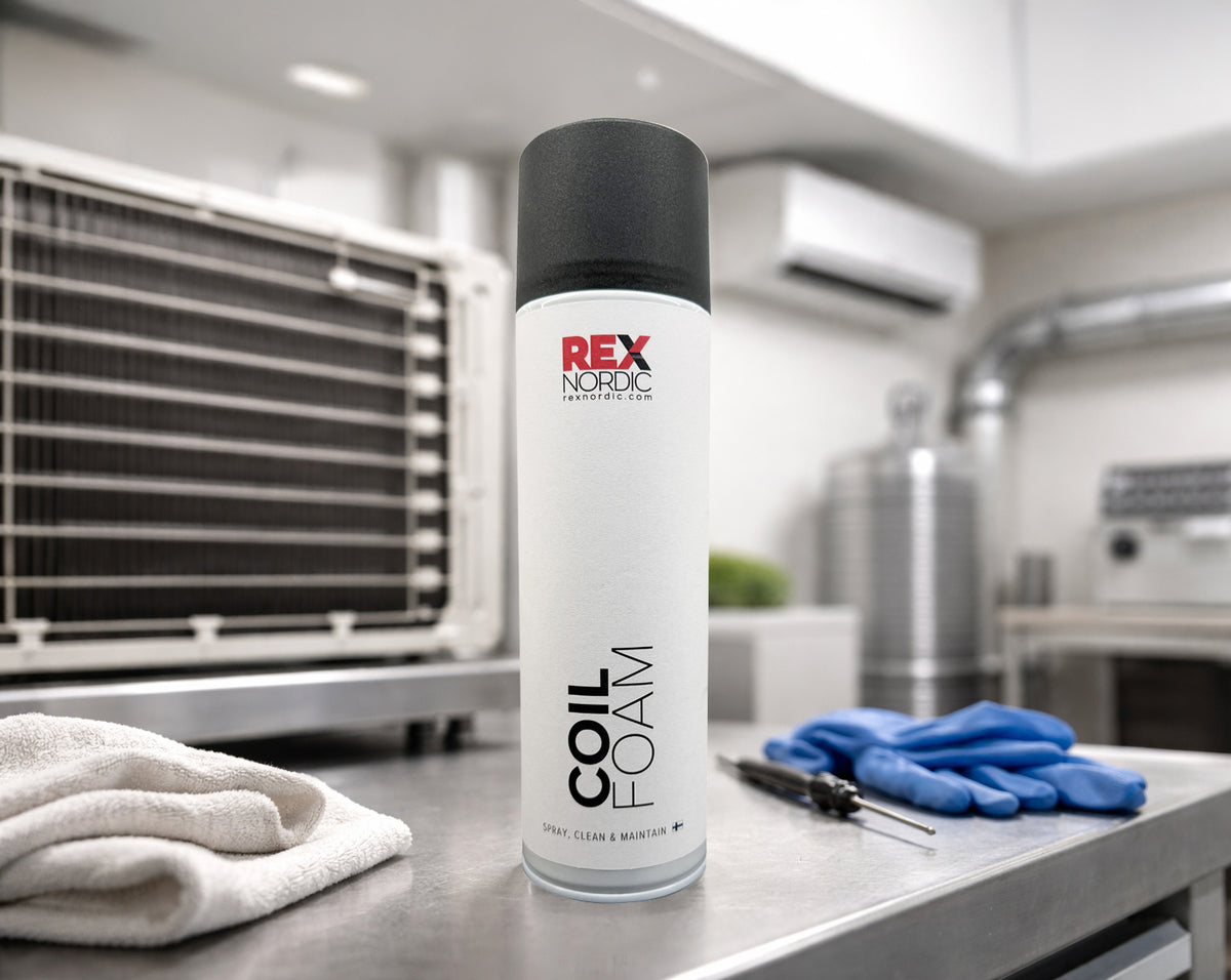 REX CoilFoam coil cleaner next to an evaporator coil