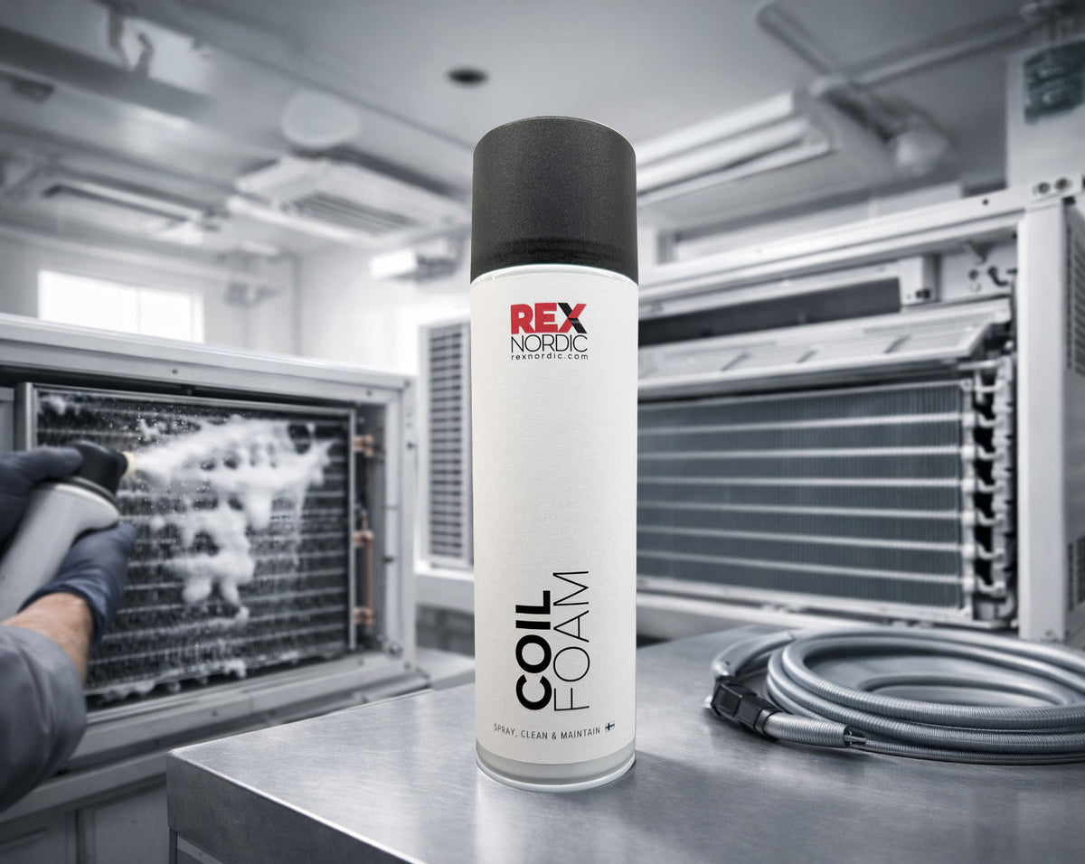 Foam being sprayed on a coil, REX CoilFoam in the foreground