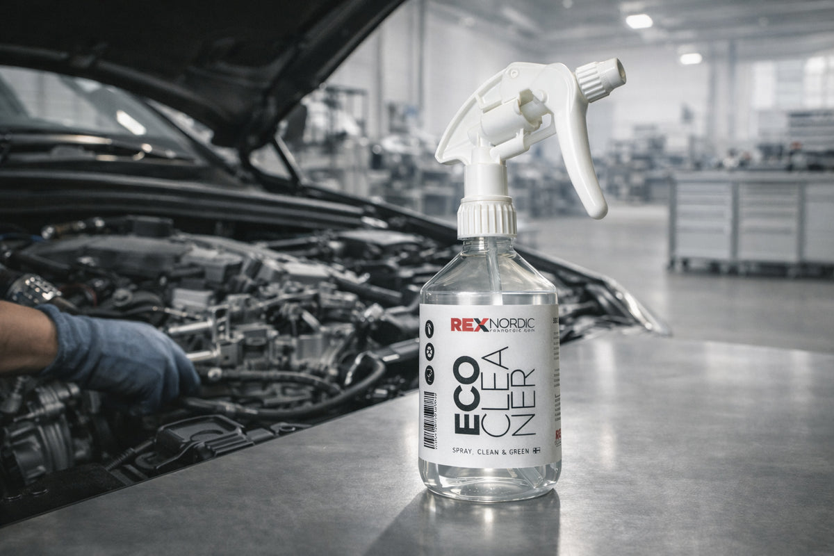 REX EcoCleaner spray bottle next to an open engine bay