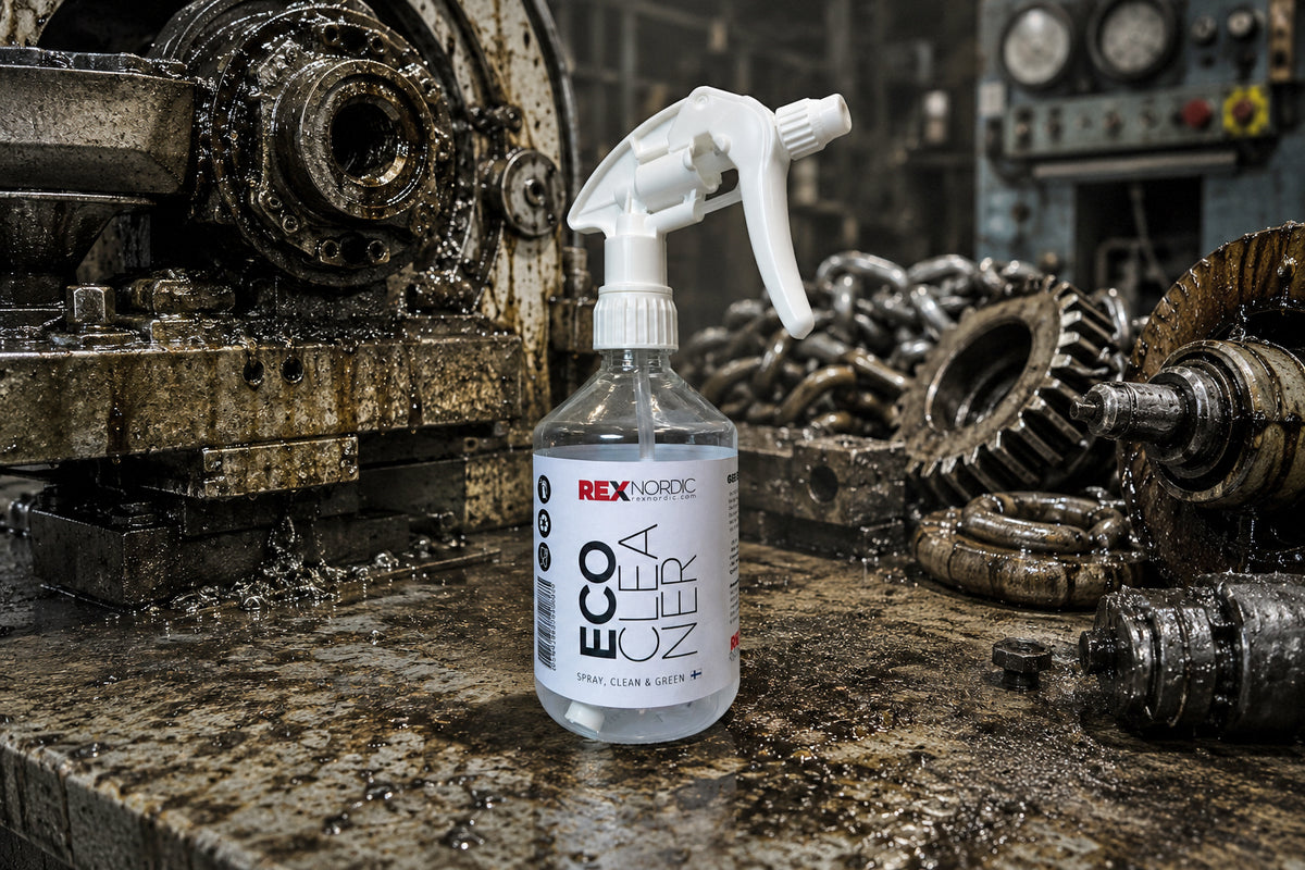 REX EcoCleaner spray bottle among greasy gears and chains