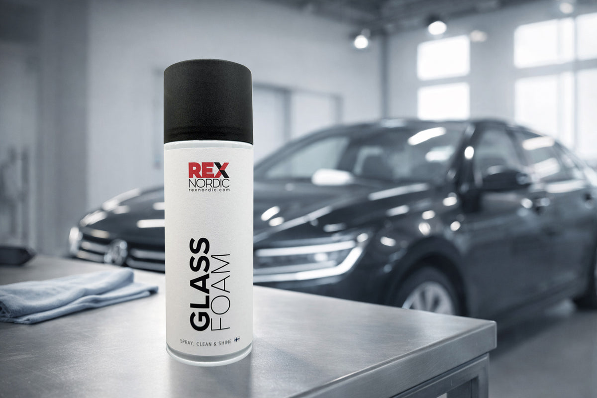 REX GlassFoam cleaner in a car showroom