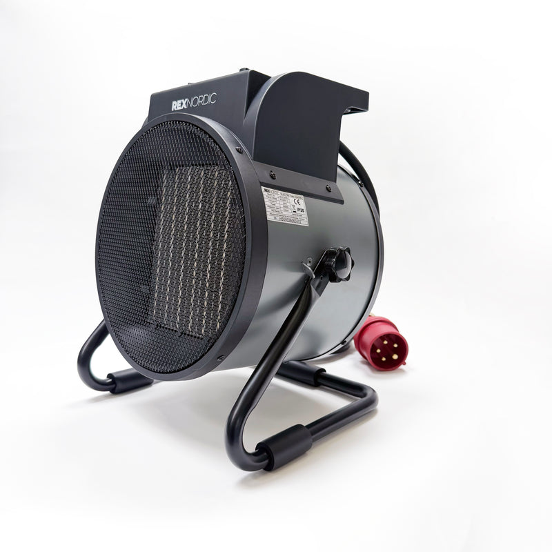 REX NORDIC HEAT 5000 three-phase PTC fan heater 5 kW, front view with 16 A CEE plug