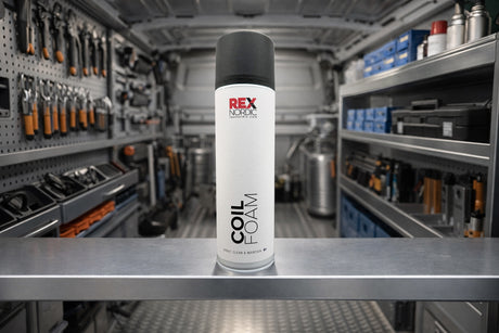 REX CoilFoam coil cleaner inside a service van
