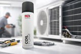 REX CoilFoam coil cleaner next to an air-conditioning outdoor unit