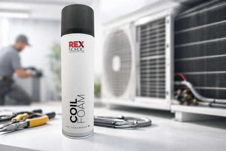 REX CoilFoam coil cleaner next to an air-conditioning outdoor unit