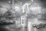 REX EcoCleaner spray bottle on a workbench with cloths and wrenches
