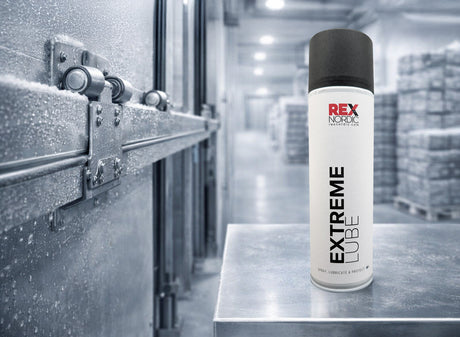 REX ExtremeLube next to a frozen sliding-door rail
