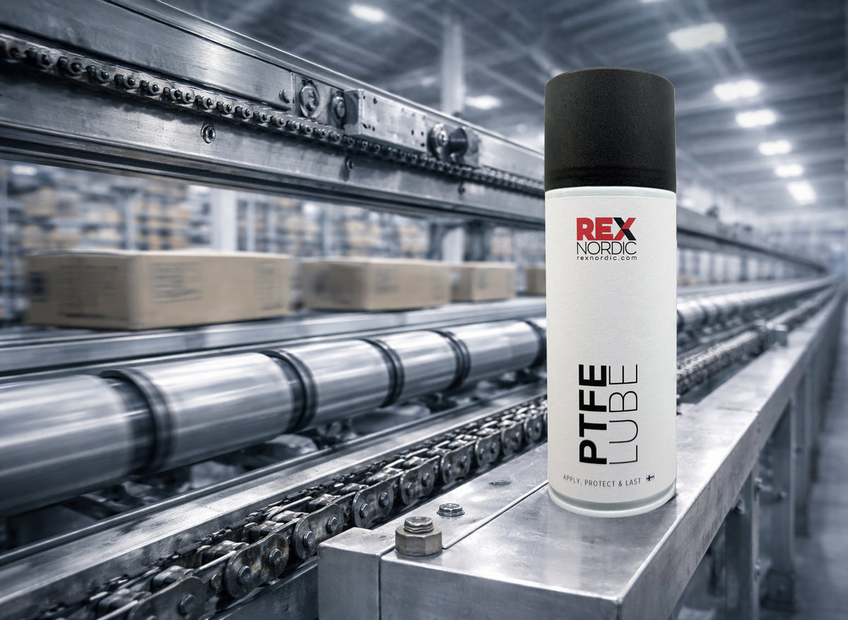 REX PTFE Lube next to a roller conveyor