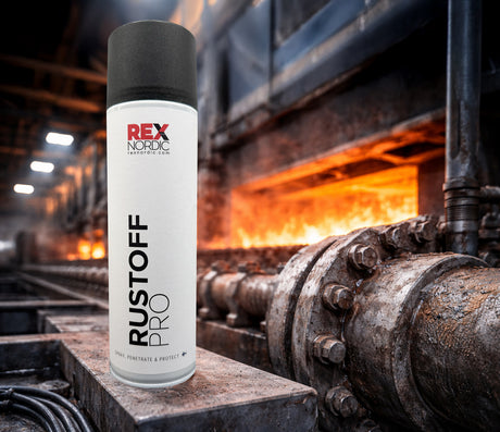 REX RustOff Pro next to a rusted pipe flange in a hot environment