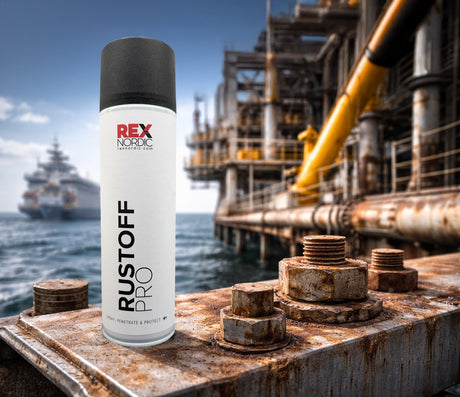 REX RustOff Pro next to rusted bolts at an offshore platform