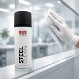 Wiping a glass surface, REX SteelClean in the foreground