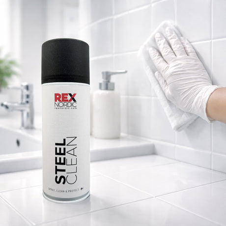 Wiping ceramic tiles, REX SteelClean in the foreground