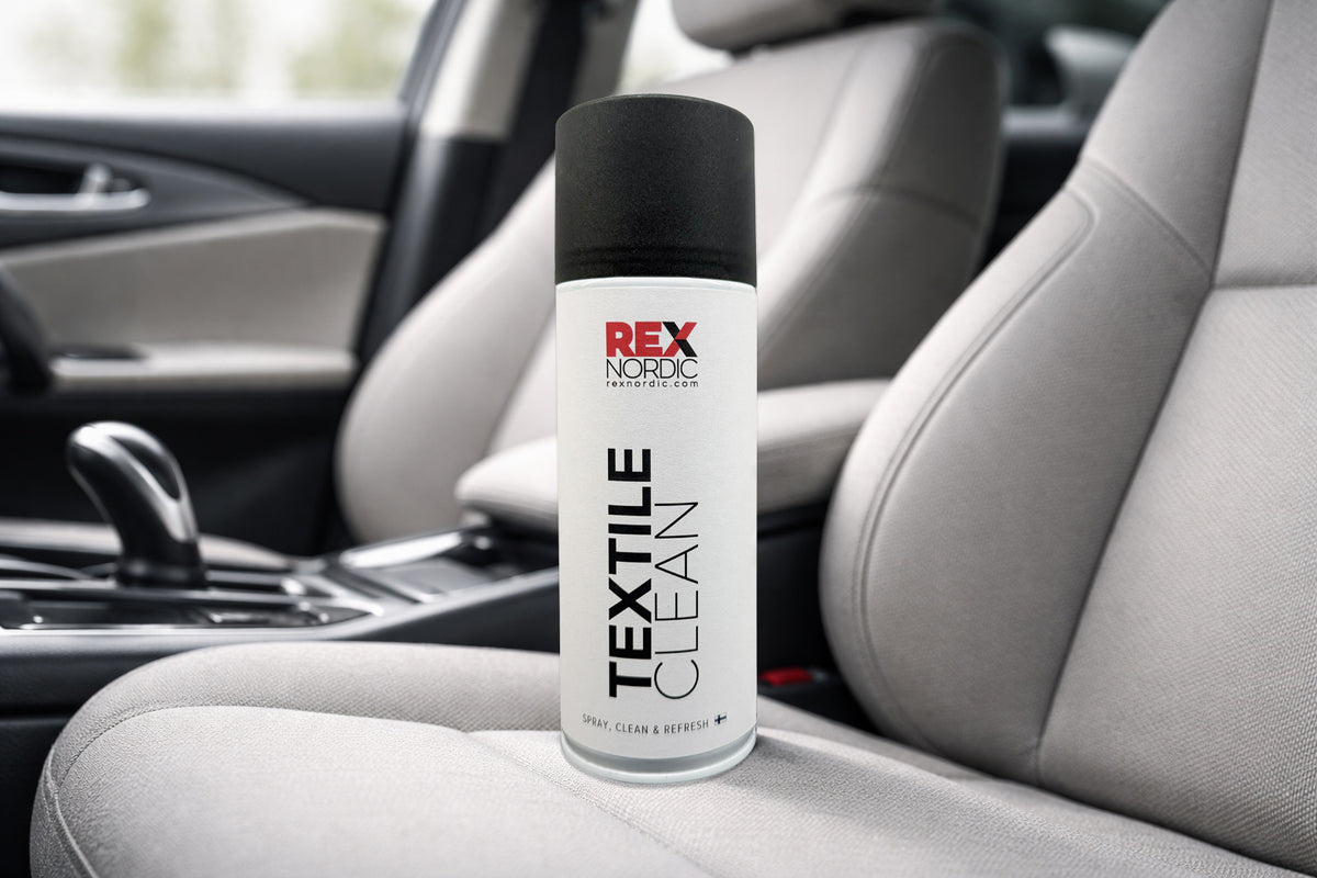 REX TextileClean foam cleaner on a car seat