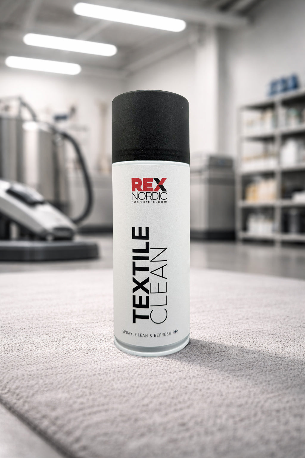 REX TextileClean foam cleaner on a carpet next to a carpet-cleaning machine