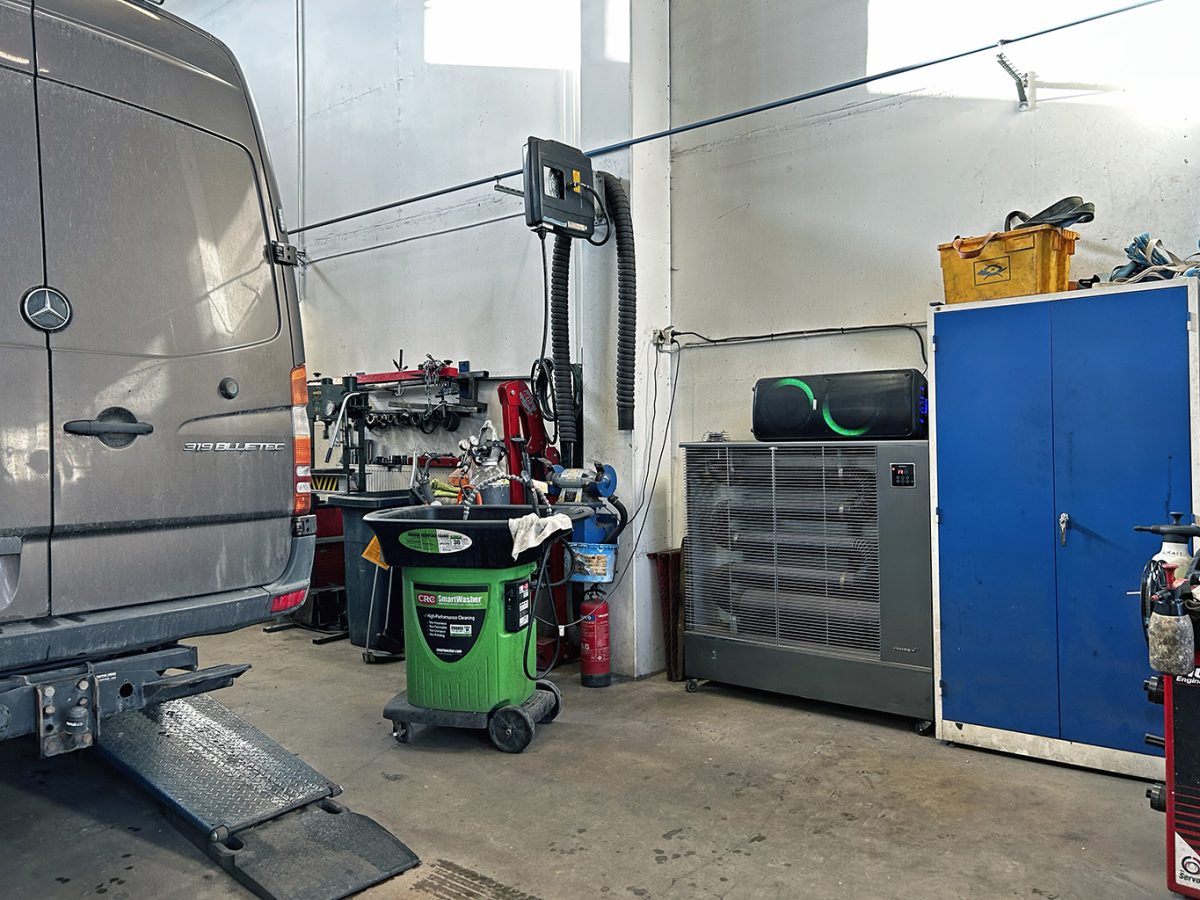 Heater in a car repair workshop.